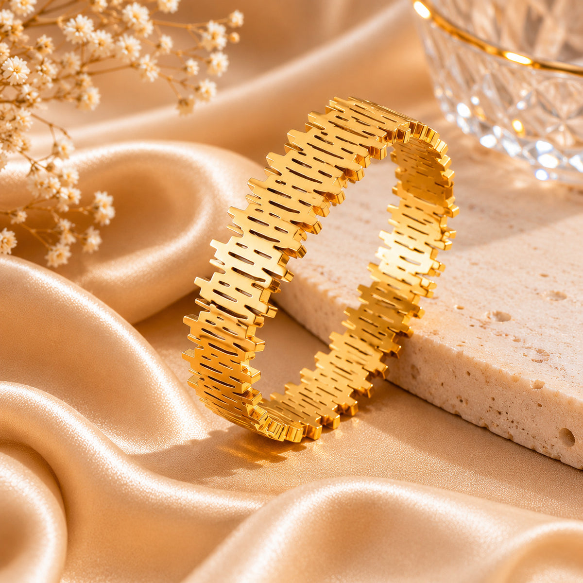Geometric Architectural Gold Plated Bangle Bracelet – Textured Statement Cuff Bracelet