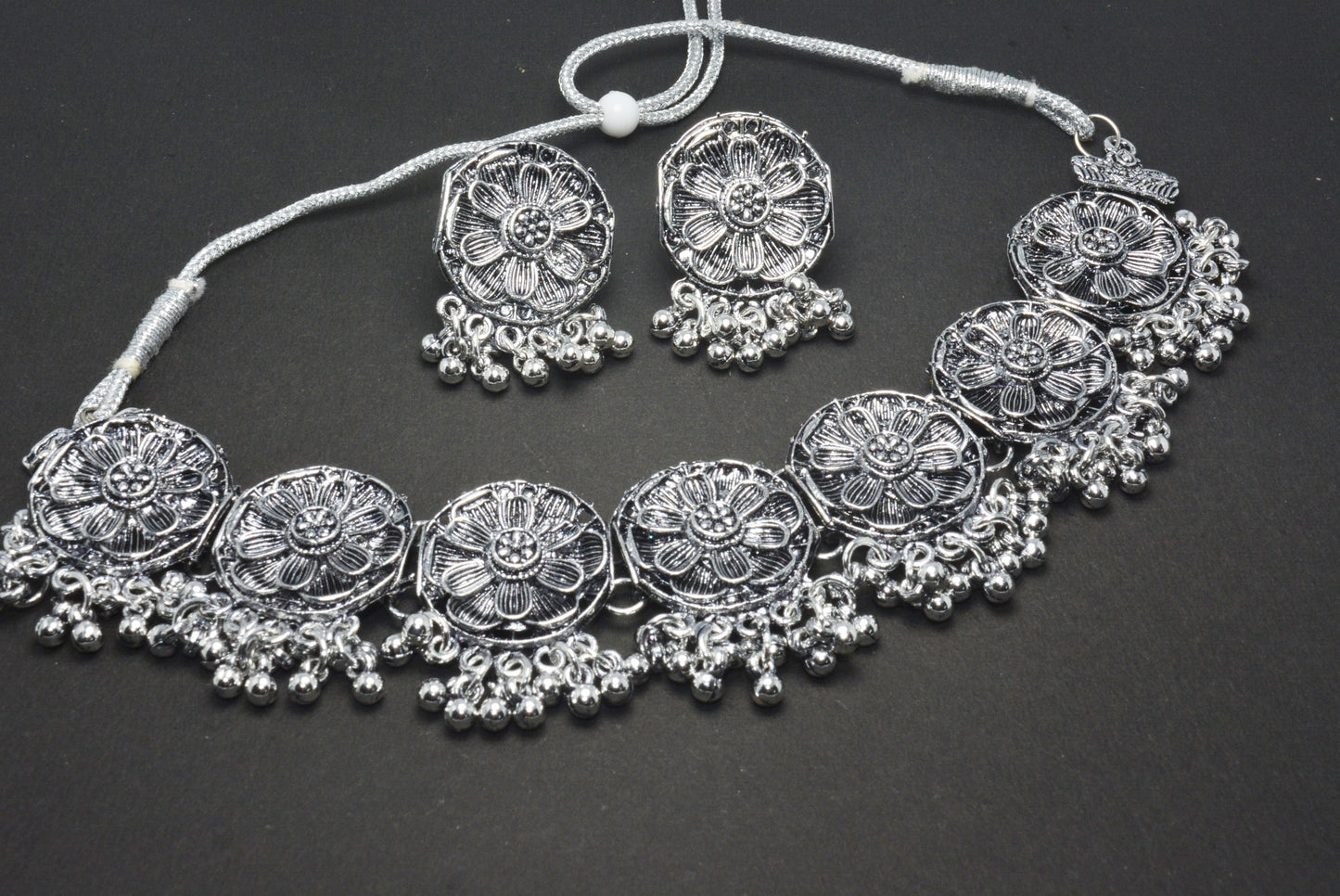 Oxidised Designer Adjustable Drawstring Necklace Choker Set With Earrings