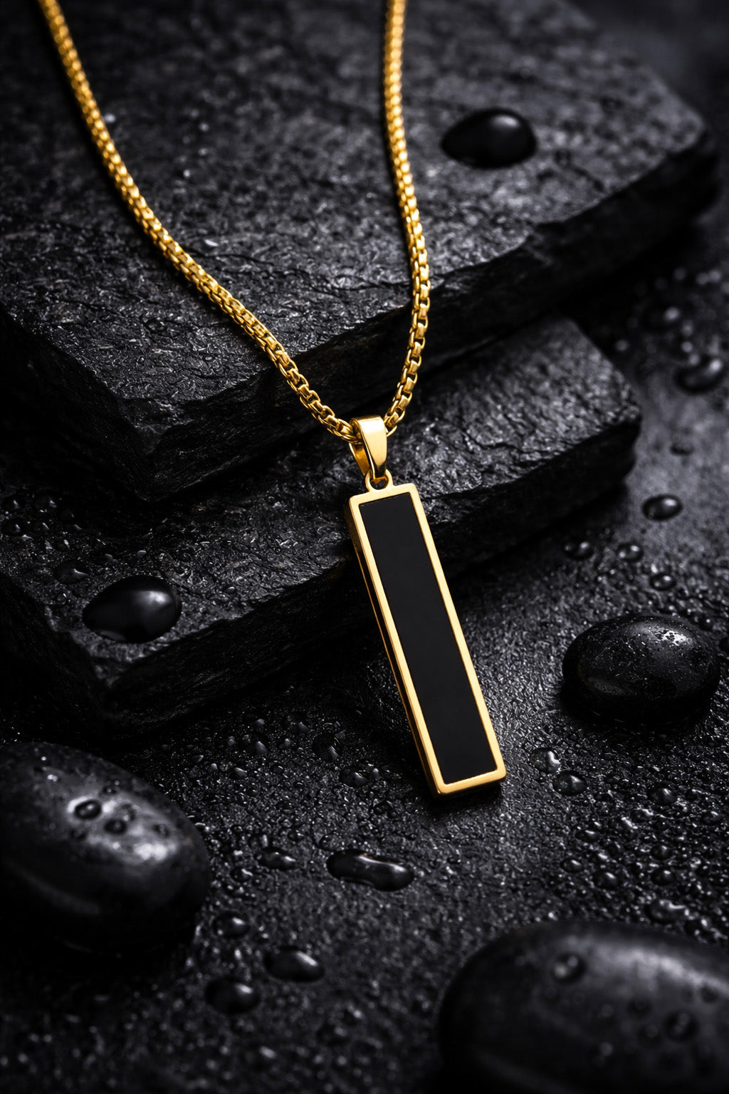 Gold Plated Bar Pendant Necklace – Minimalist Black Inlay Chain (Unisex)