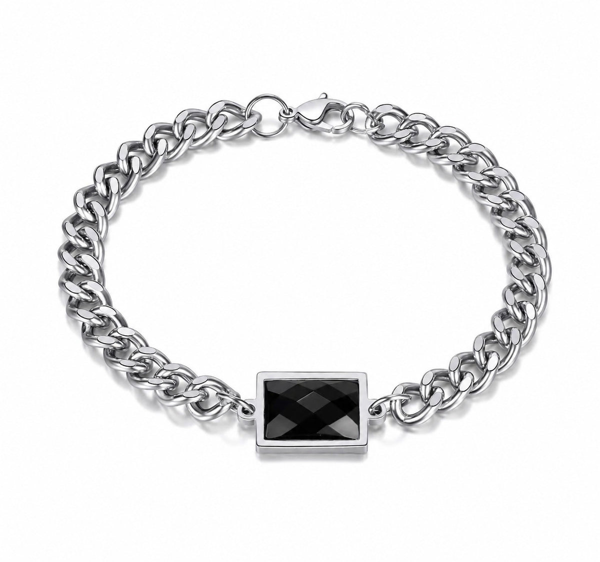 Classic Black Faceted Crystal Curb Chain Bracelet – Stainless Steel Men's Wristband
