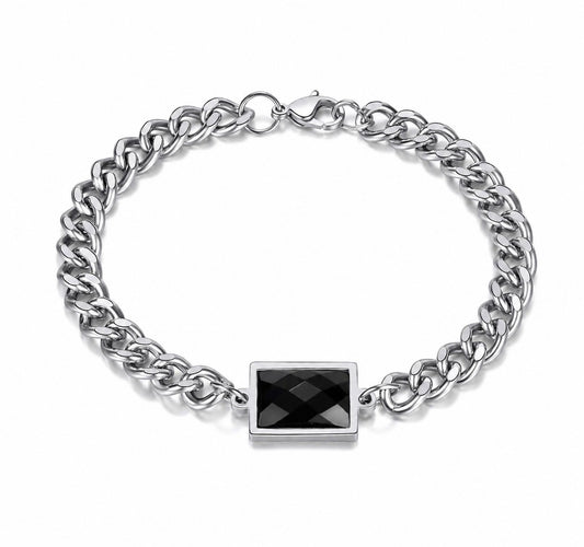 Classic Black Faceted Crystal Curb Chain Bracelet – Stainless Steel Men's Wristband