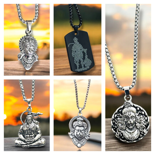 Lord Hanuman Ji Pendant & Chain Set – Spiritual Silver & Black Oxidized Devotional Jewelry | 5 Designs |