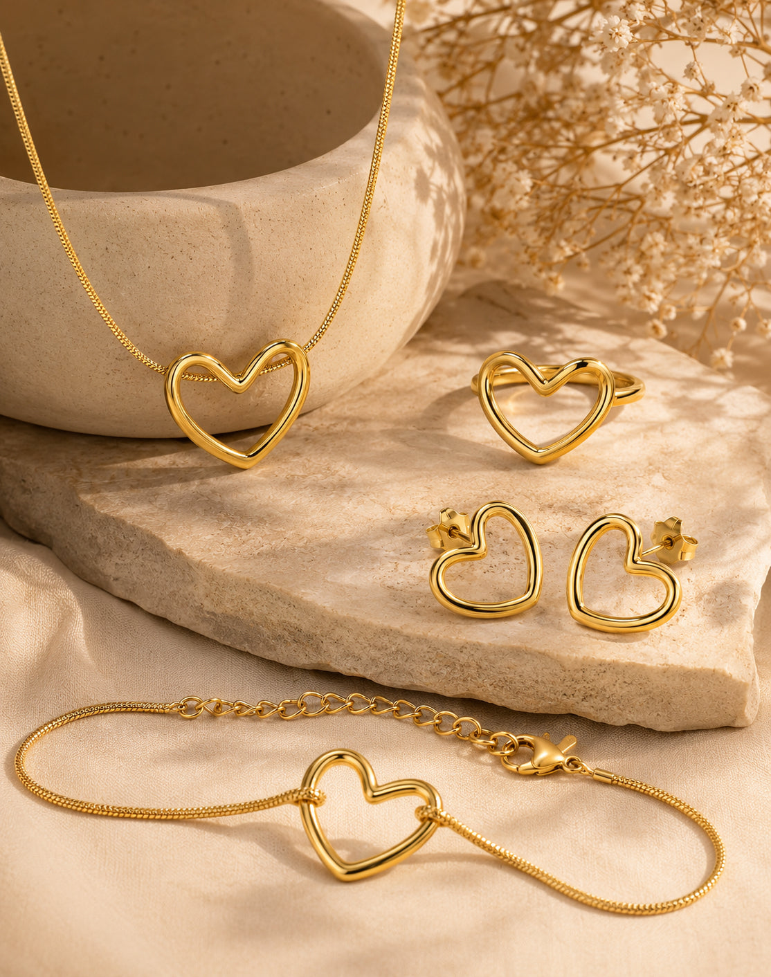 Elegance Open Heart Jewelry Set – Gold-Plated Matching Necklace, Earrings, Ring & Bracelet