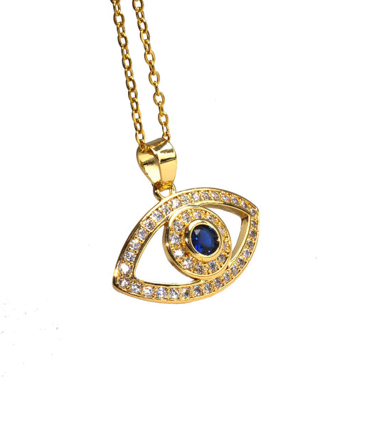 Blue Stone Studded AD Evil Eye Necklace Chain Pendant