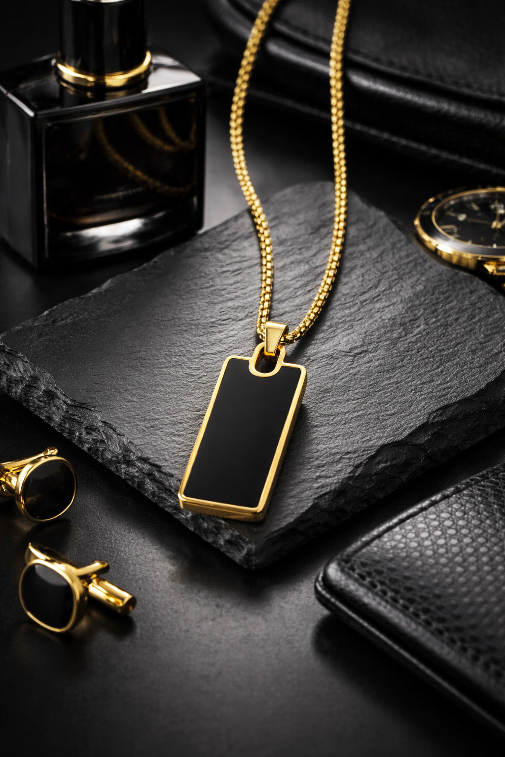 Minimal Black Rectangle Pendant Necklace (Gold Plated Stainless Steel | Unisex | Anti-Tarnish)