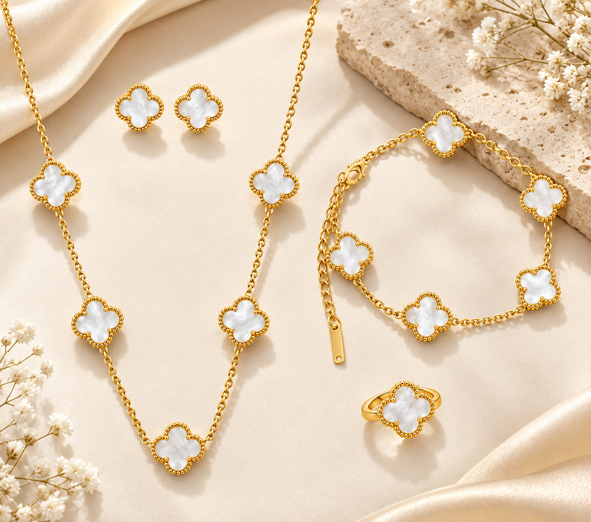 Ethereal White Clover 4-Piece Jewelry Set – Gold-Plated Necklace, Bracelet, Ring & Earrings