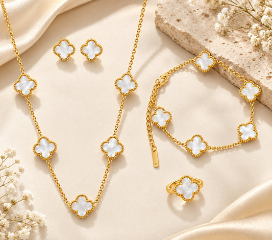 Ethereal White Clover 4-Piece Jewelry Set – Gold-Plated Necklace, Bracelet, Ring & Earrings