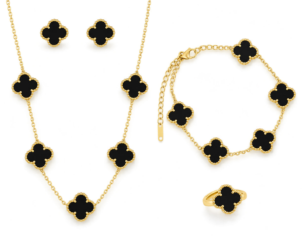 Luxurious Black Clover 4-Piece Jewelry Set – Gold-Plated Necklace, Bracelet, Ring & Earrings