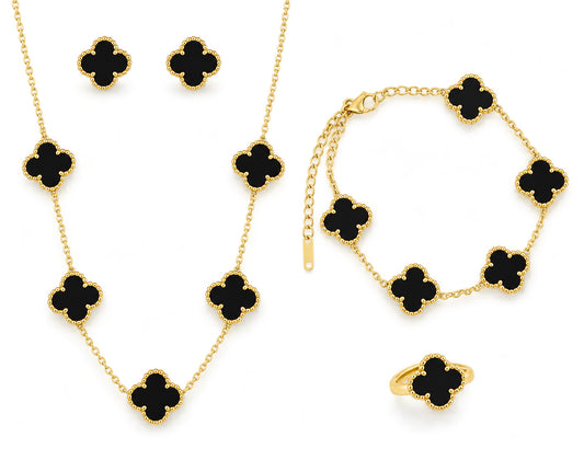 Luxurious Black Clover 4-Piece Jewelry Set – Gold-Plated Necklace, Bracelet, Ring & Earrings