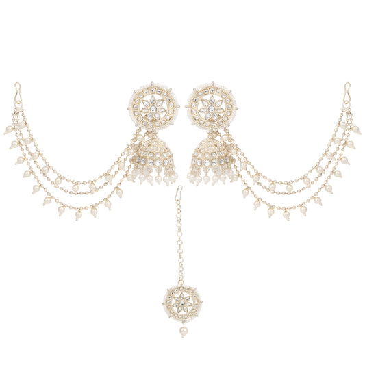 Elegant Kundan & Pearl Jhumka Bahubali Earrings Set with Maang Tikka - Traditional Bridal Jewelry for Festive Occasions