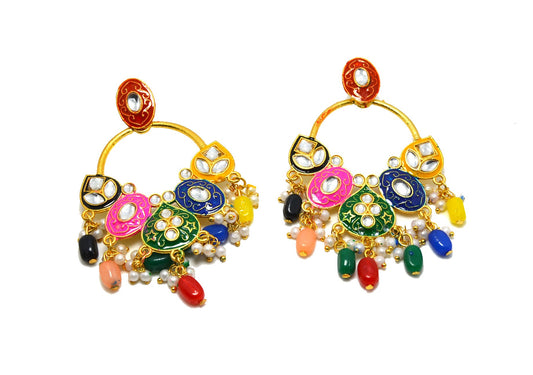 Premium Multicolored Meena Style Hand Painted Stones Studded Jhumka Push Plugs Earrings