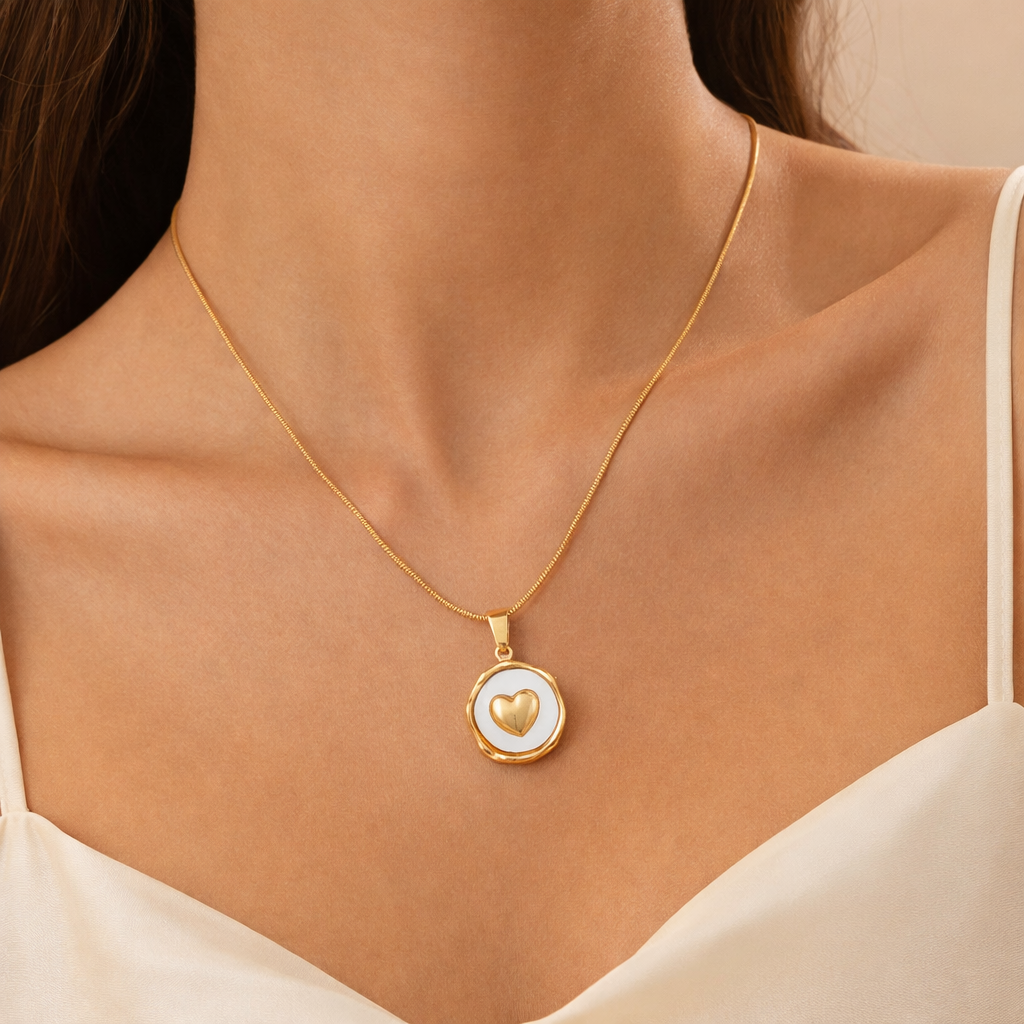 Gold Heart Pendant Necklace for Women – Elegant Round Love Necklace with White Enamel | Minimal Daily Wear Jewelry