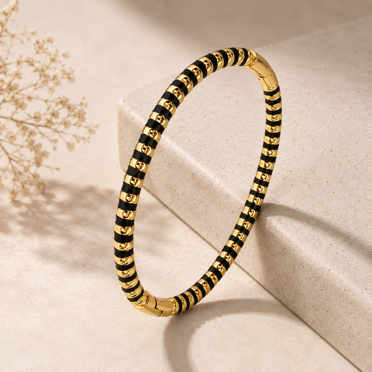 Two-Tone Black and Gold Segmented Bangle – Stainless Steel Designer-Style Cuff