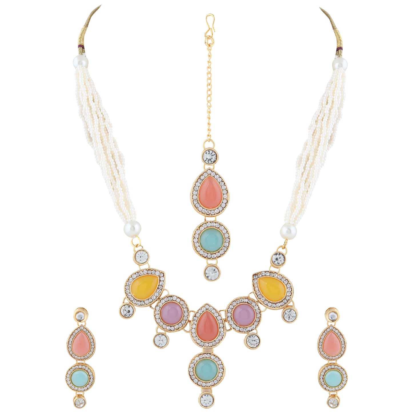 Multicolor Kundan Necklace and Earring Set With Pearl Mala  – Traditional Indian Jewelry for Women