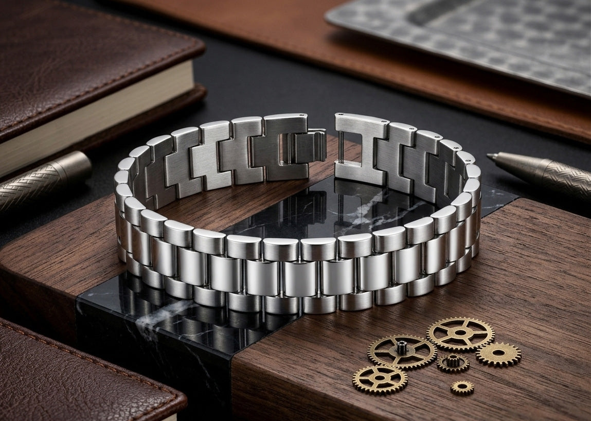 Men's Stainless Steel Link Bracelet | Silver Tone Metal Chain Bracelet with Folding Clasp