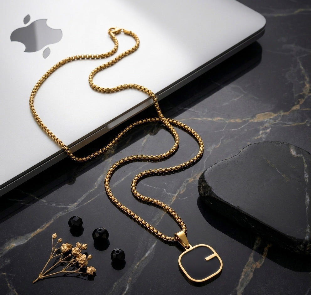 Gold Plated Black Pendant Necklace – Minimal Stainless Steel Chain (Unisex)