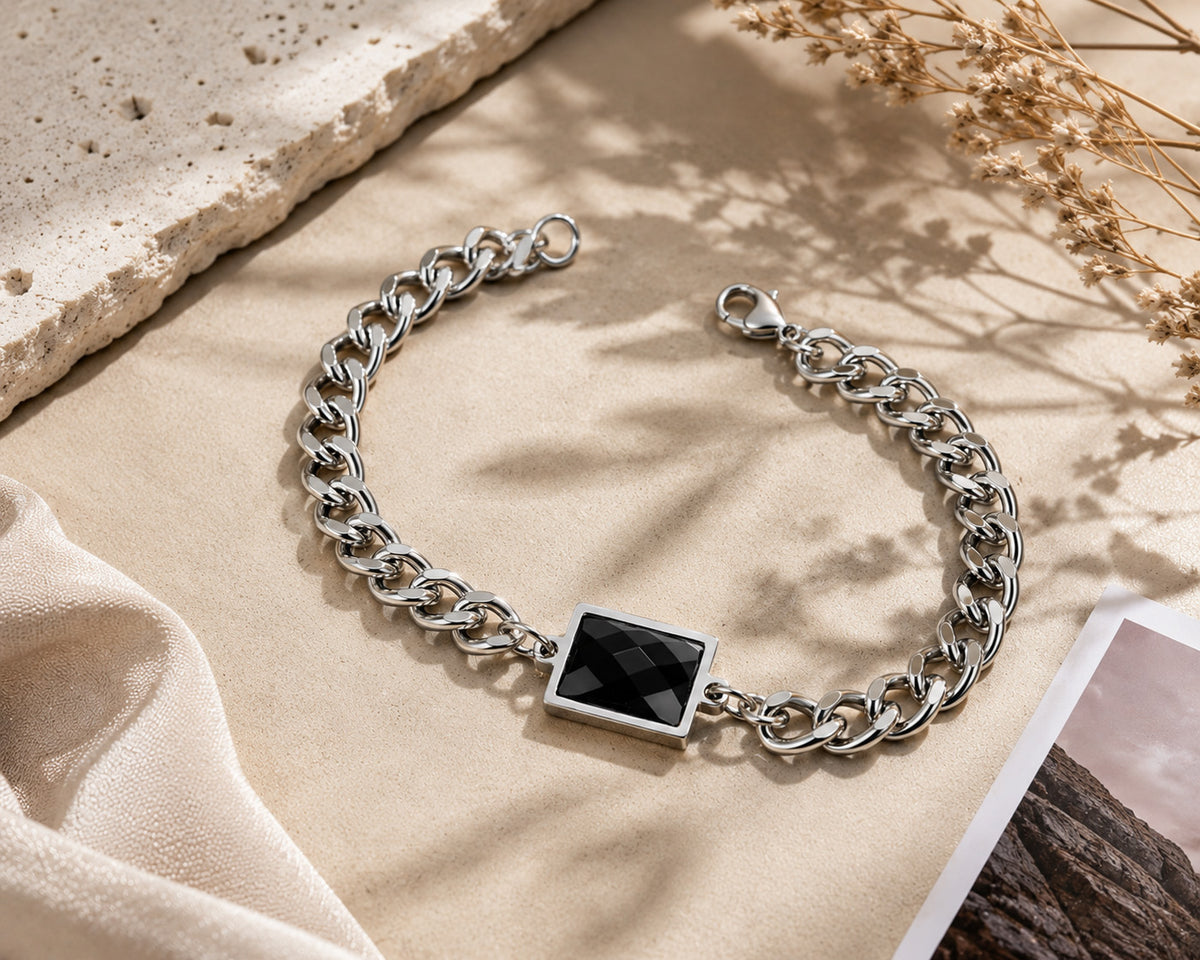 Classic Black Faceted Crystal Curb Chain Bracelet – Stainless Steel Men's Wristband