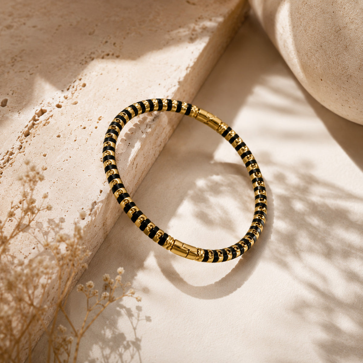 Two-Tone Black and Gold Segmented Bangle – Stainless Steel Designer-Style Cuff