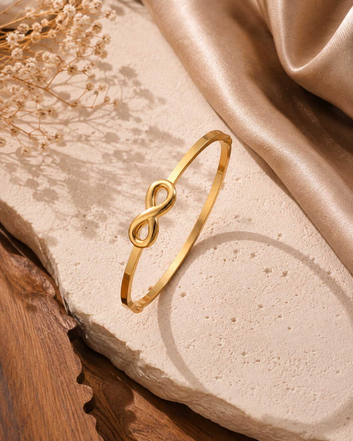 Eternal Infinity Gold Plated Bangle – Minimalist Hinged Cuff Bracelet