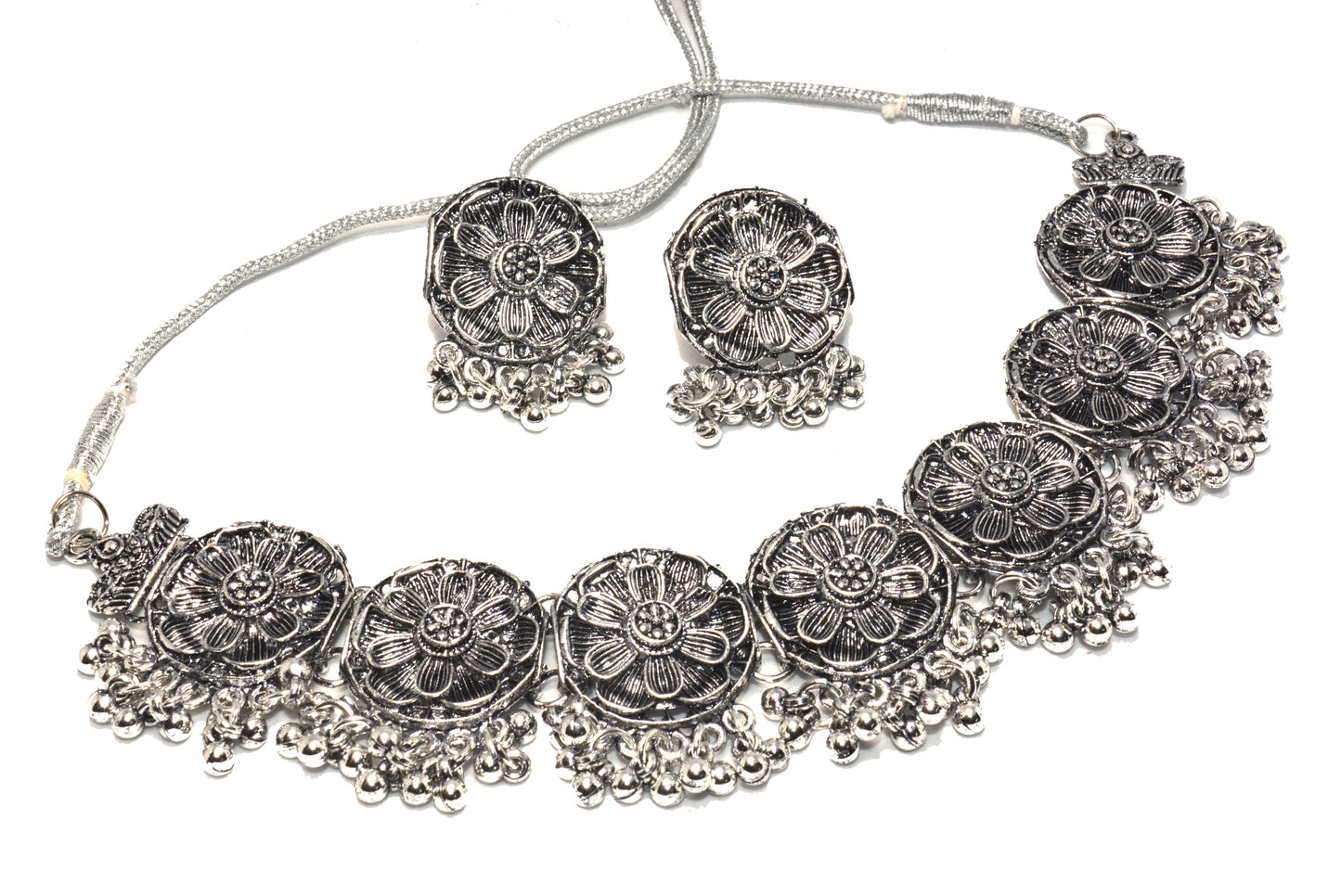 Oxidised Designer Adjustable Drawstring Necklace Choker Set With Earrings