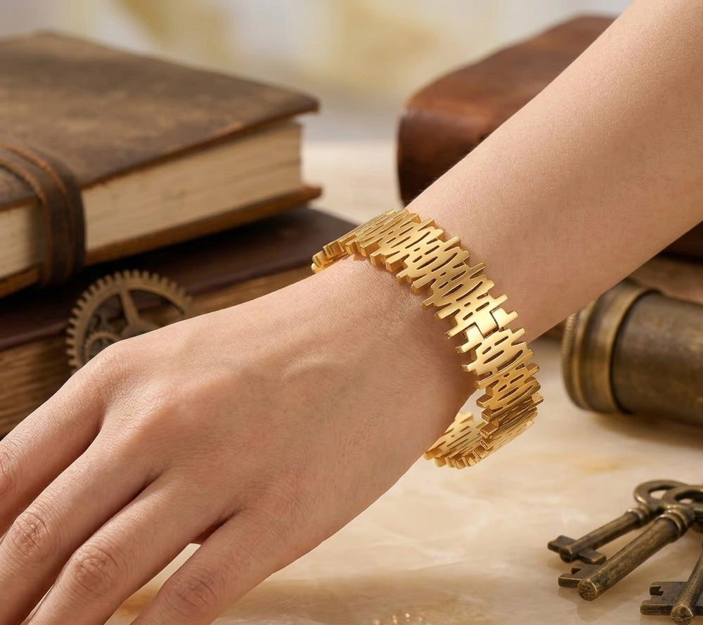 Geometric Architectural Gold Plated Bangle Bracelet – Textured Statement Cuff Bracelet