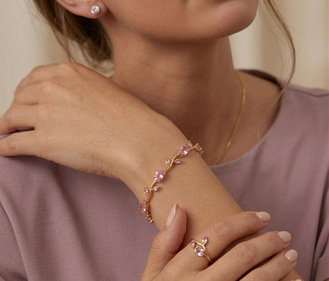 Blush Tulip Bracelet – Gold Plated Pink Crystal Floral Chain for Women