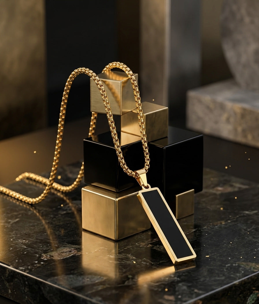 Gold Plated Bar Pendant Necklace – Minimalist Black Inlay Chain (Unisex)