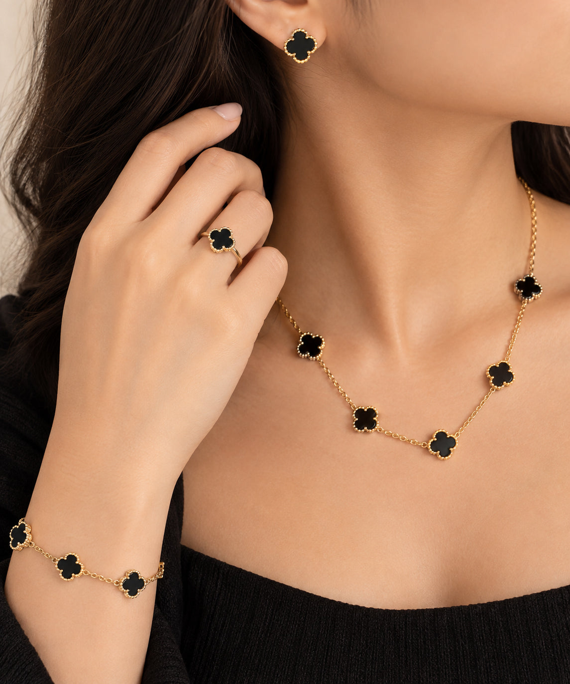 Luxurious Black Clover 4-Piece Jewelry Set – Gold-Plated Necklace, Bracelet, Ring & Earrings