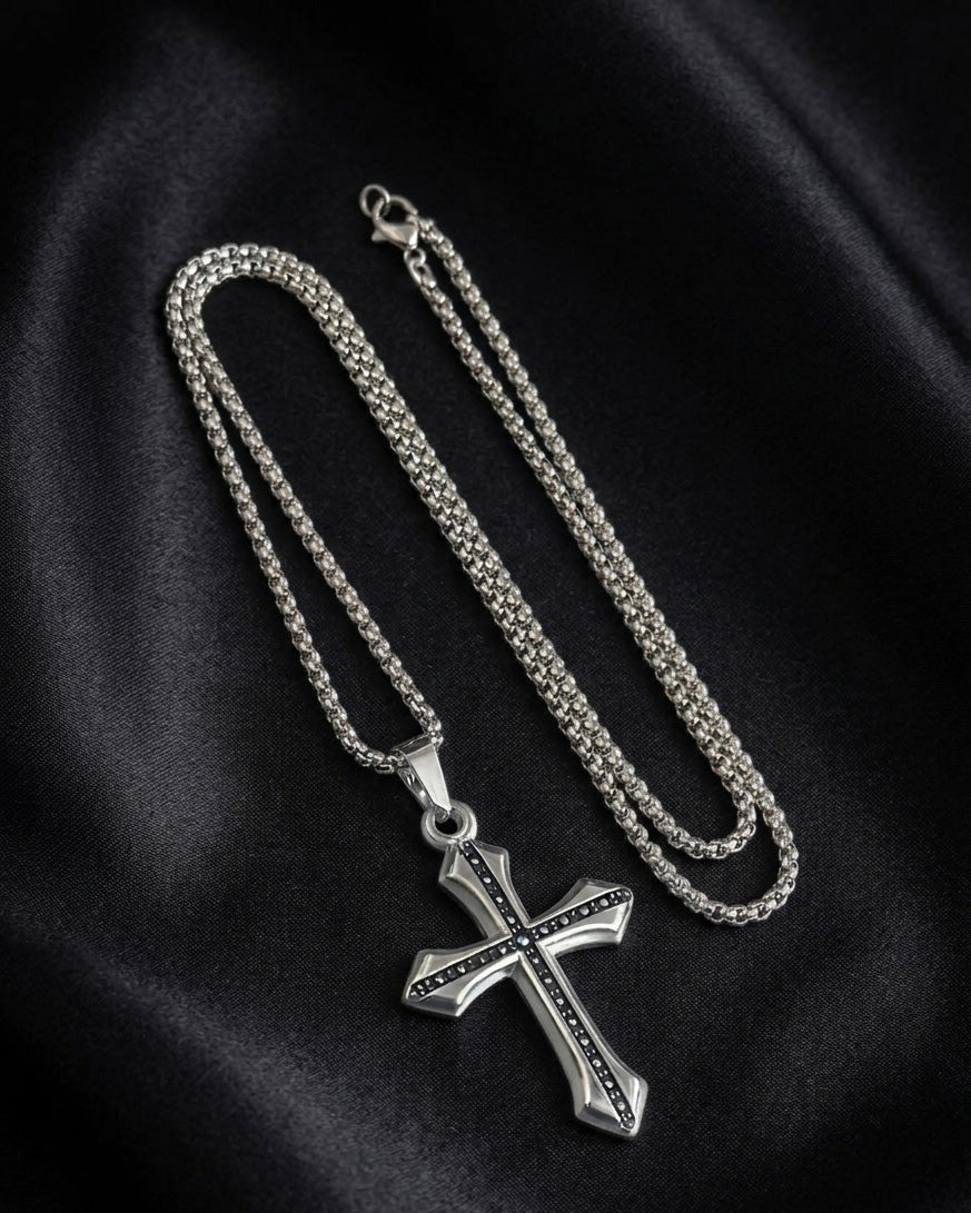 Vintage Gothic Cross Pendant Necklace for Men & Women | Stainless Steel Black Stone Cross Chain | Unisex Fashion Jewelry