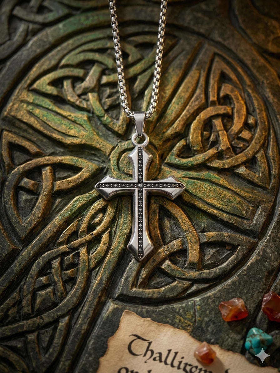 Vintage Gothic Cross Pendant Necklace for Men & Women | Stainless Steel Black Stone Cross Chain | Unisex Fashion Jewelry