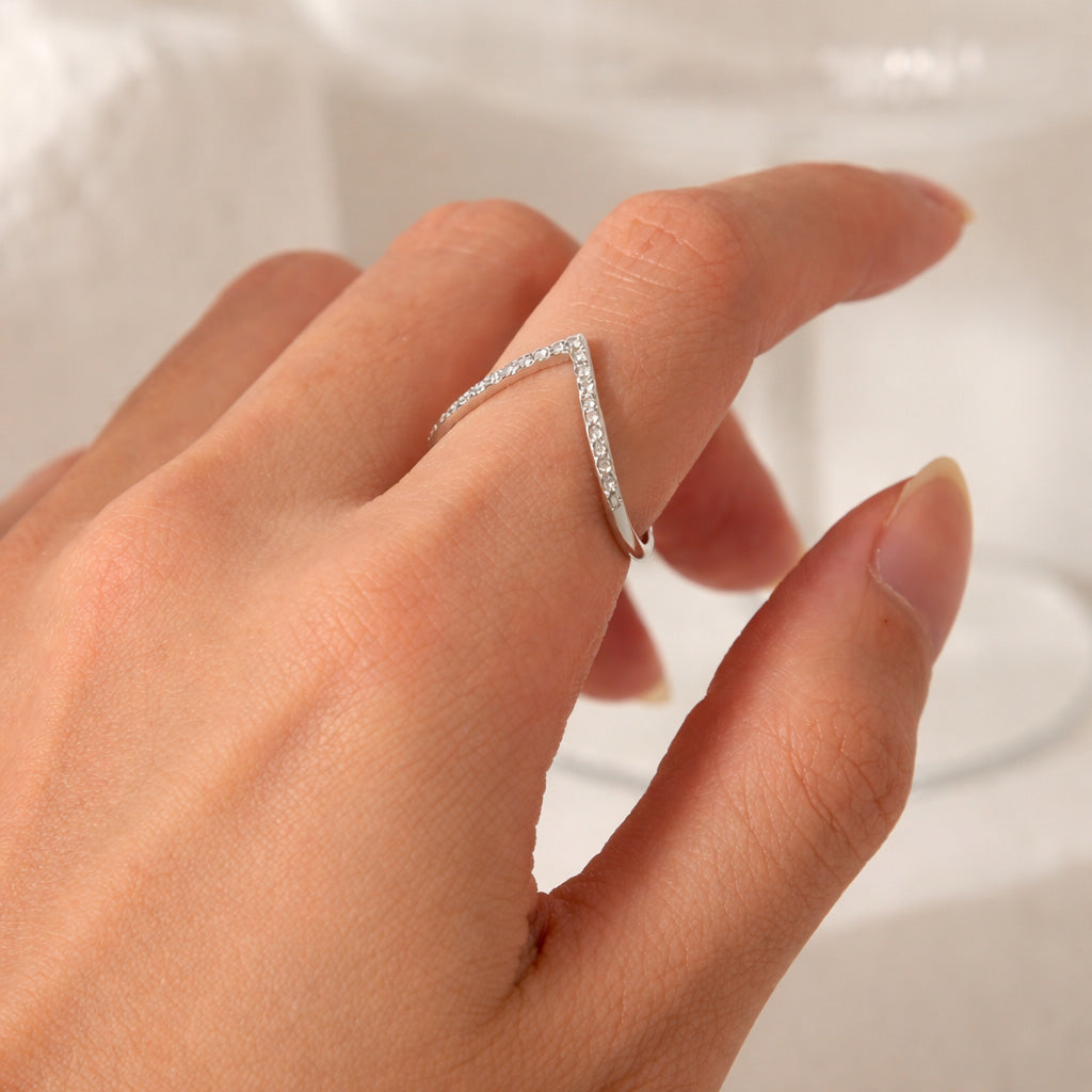 V-Shape Gold Plated Diamond Studded Ring for Women | Elegant Chevron Minimal Finger Ring | Party Wear Jewellery