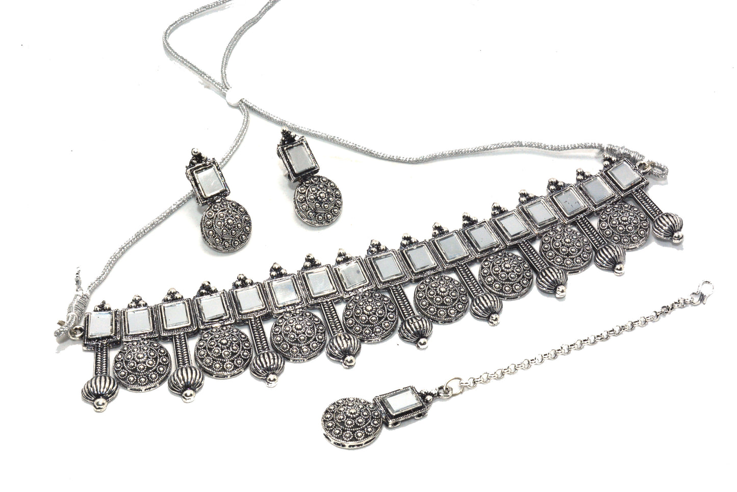 Oxidised Designer Mirror Style Adjustable Drawstring Necklace Choker Set With Earrings and Mangtikka