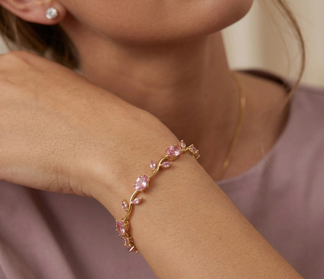 Blush Tulip Bracelet – Gold Plated Pink Crystal Floral Chain for Women