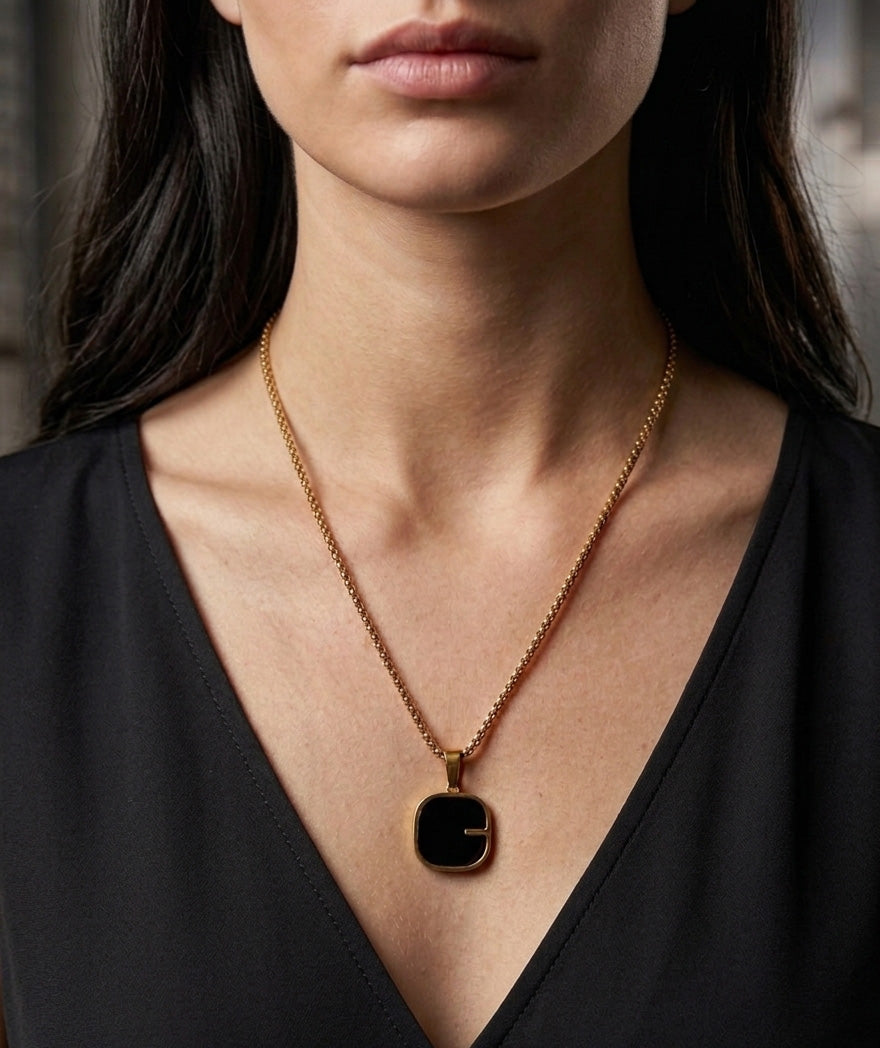 Gold Plated Black Pendant Necklace – Minimal Stainless Steel Chain (Unisex)