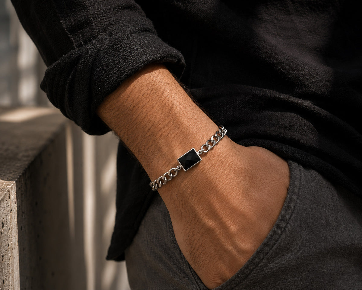Classic Black Faceted Crystal Curb Chain Bracelet – Stainless Steel Men's Wristband
