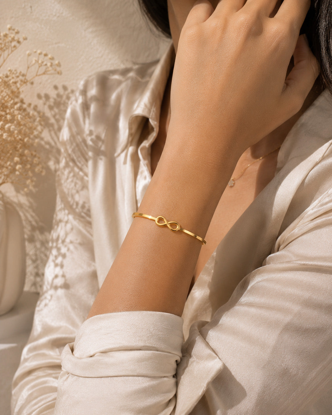 Eternal Infinity Gold Plated Bangle – Minimalist Hinged Cuff Bracelet