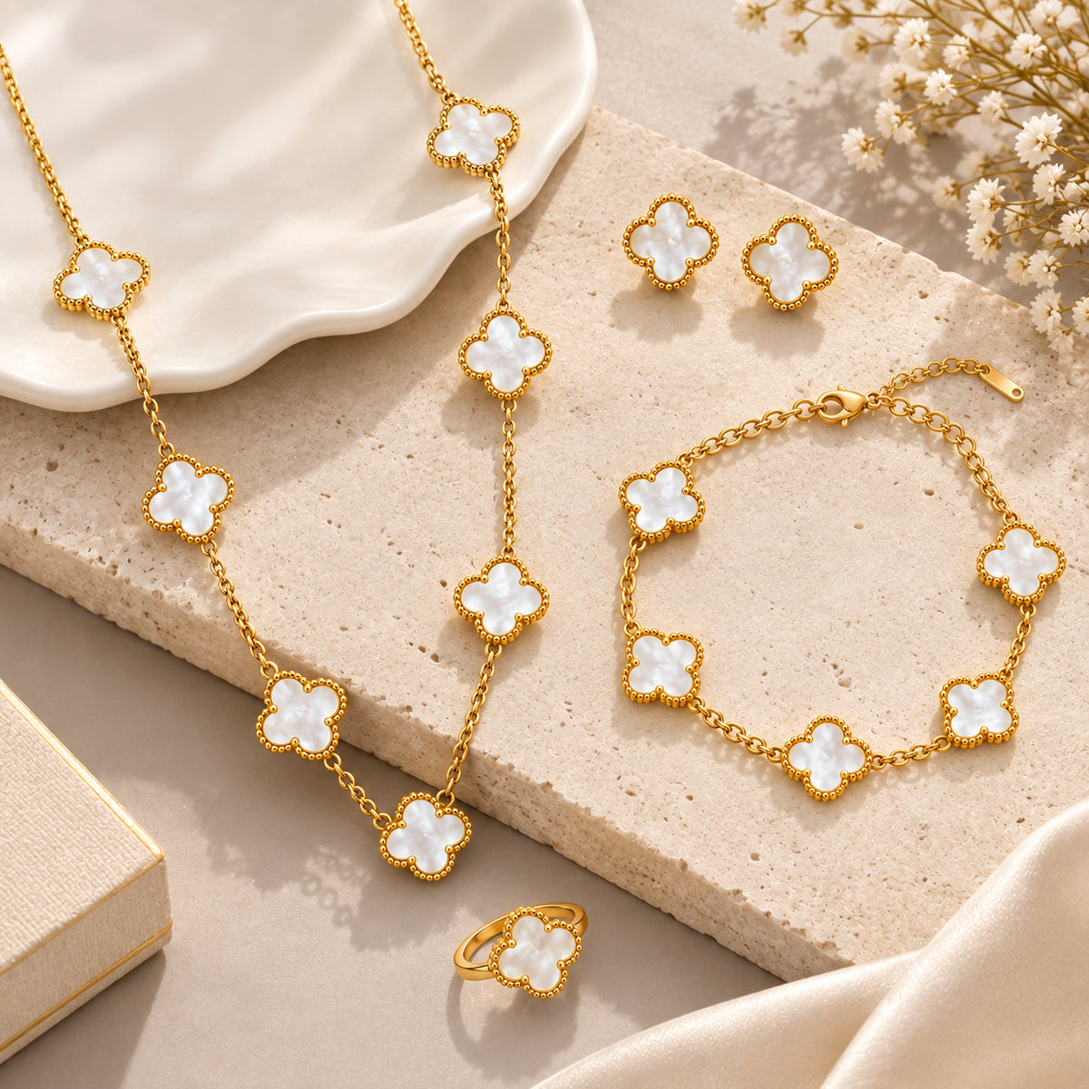 Ethereal White Clover 4-Piece Jewelry Set – Gold-Plated Necklace, Bracelet, Ring & Earrings