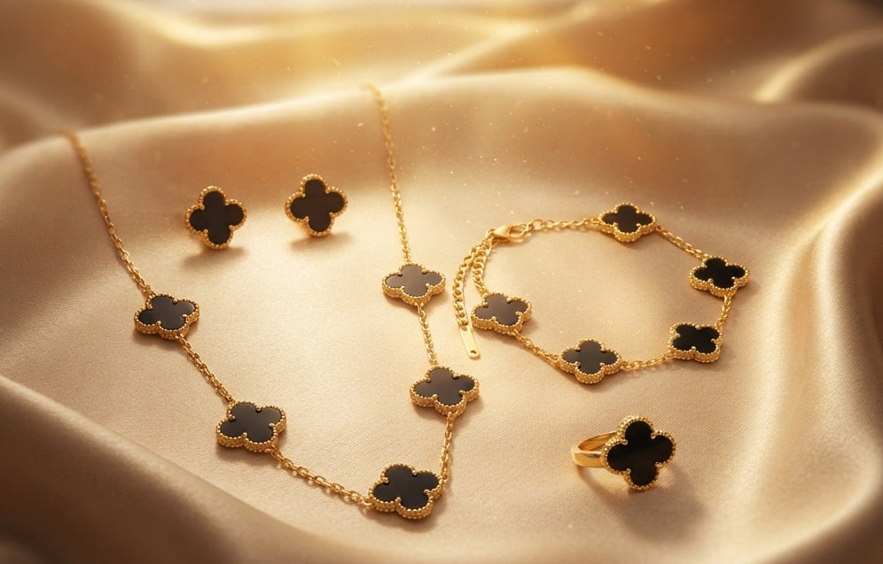 Luxurious Black Clover 4-Piece Jewelry Set – Gold-Plated Necklace, Bracelet, Ring & Earrings