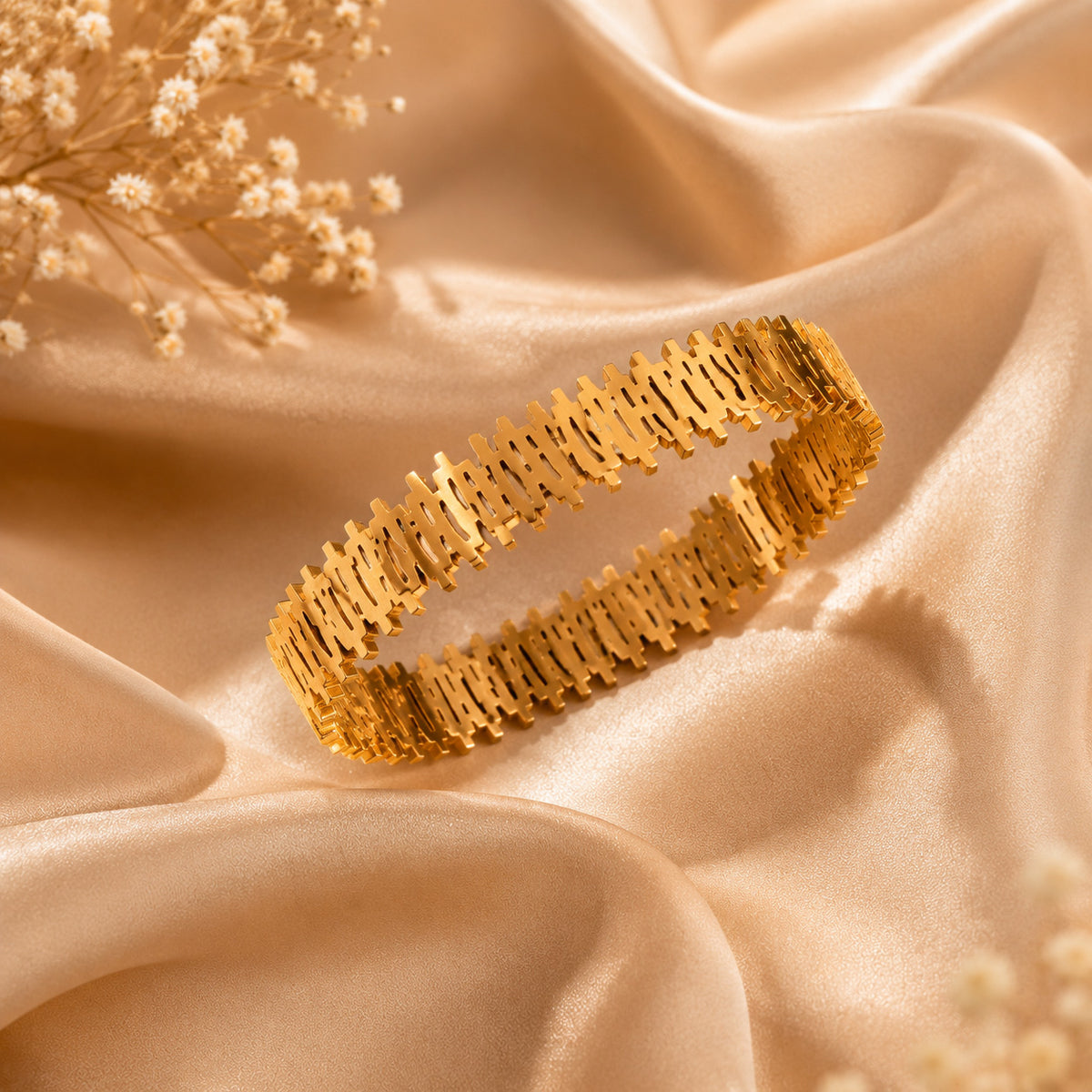 Geometric Architectural Gold Plated Bangle Bracelet – Textured Statement Cuff Bracelet