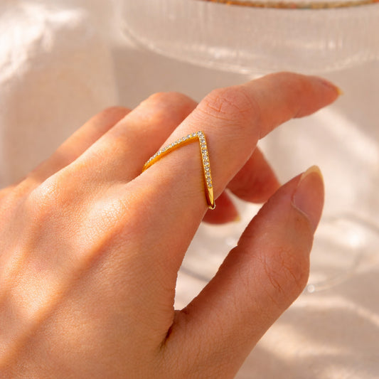 V-Shape Gold Plated Diamond Studded Ring for Women | Elegant Chevron Minimal Finger Ring | Party Wear Jewellery