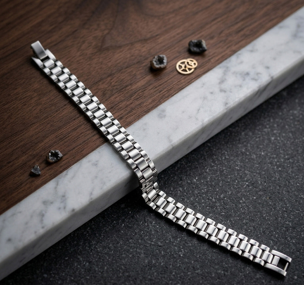 Men's Stainless Steel Link Bracelet | Silver Tone Metal Chain Bracelet with Folding Clasp