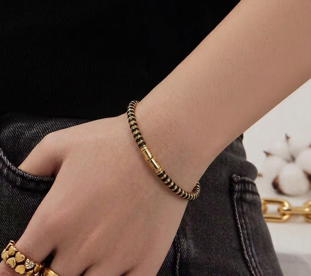 Two-Tone Black and Gold Segmented Bangle – Stainless Steel Designer-Style Cuff