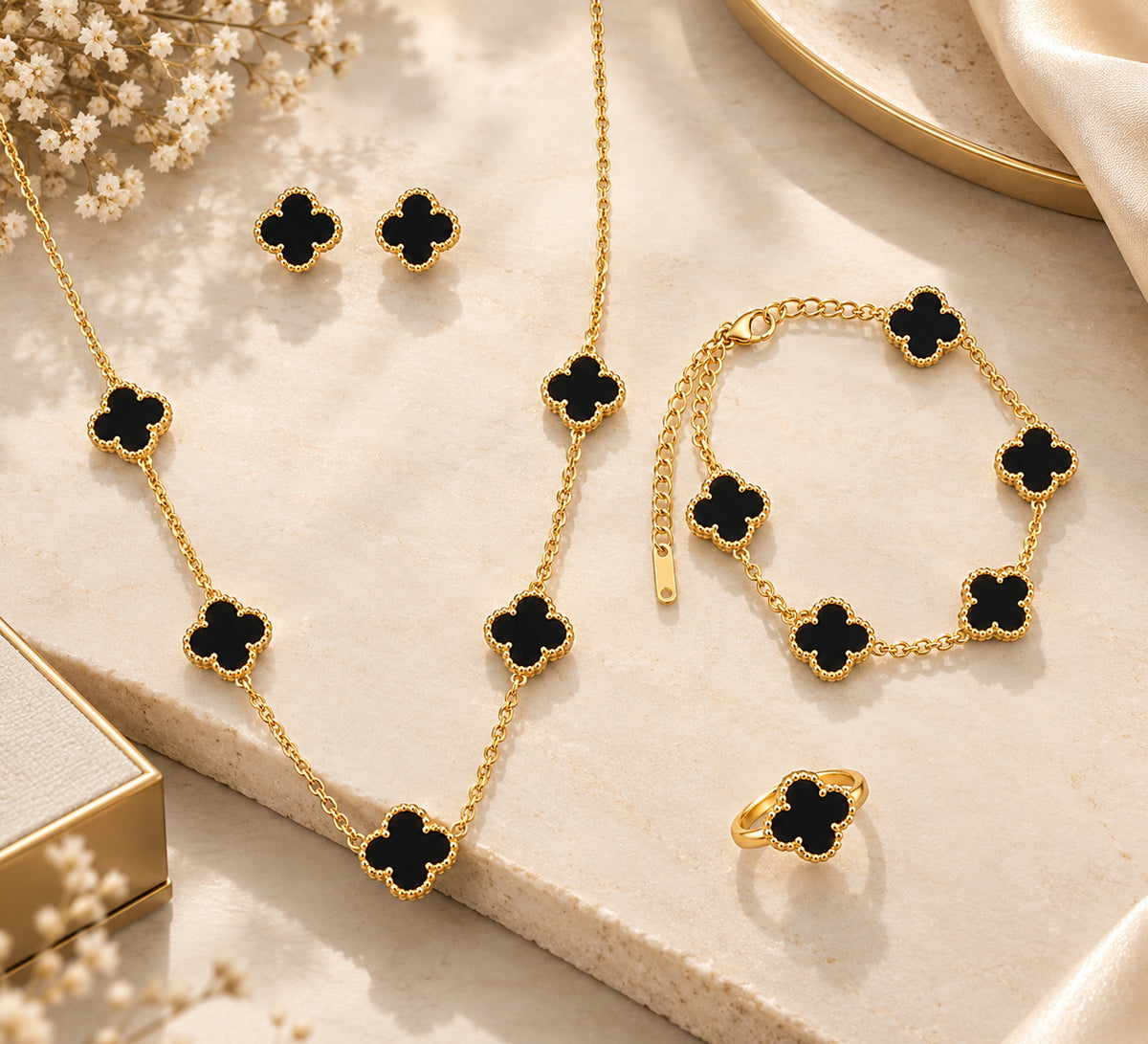 Luxurious Black Clover 4-Piece Jewelry Set – Gold-Plated Necklace, Bracelet, Ring & Earrings