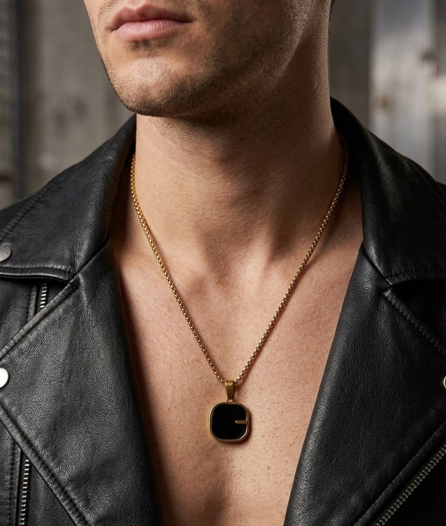 Gold Plated Black Pendant Necklace – Minimal Stainless Steel Chain (Unisex)