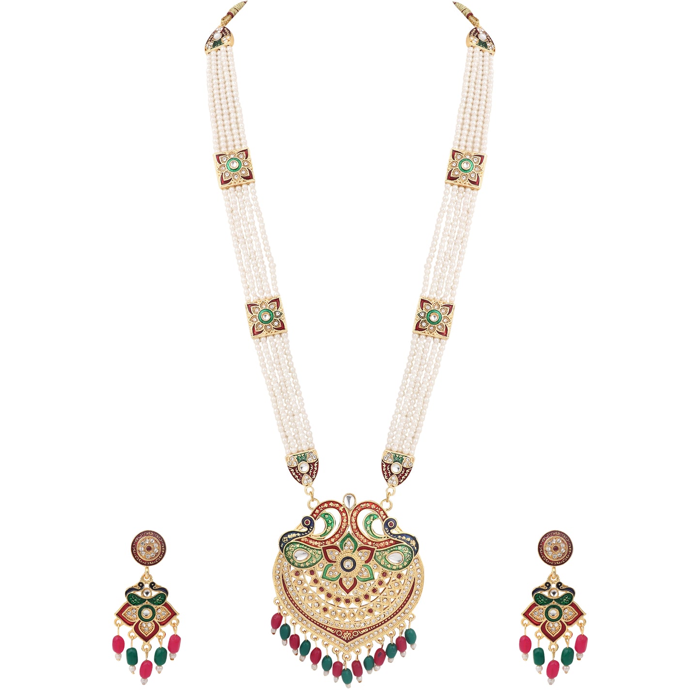 Royal Multi-Layer Pearl & Kundan Pendant Necklace Set with Matching Earrings - Perfect for Weddings & Festive Celebrations