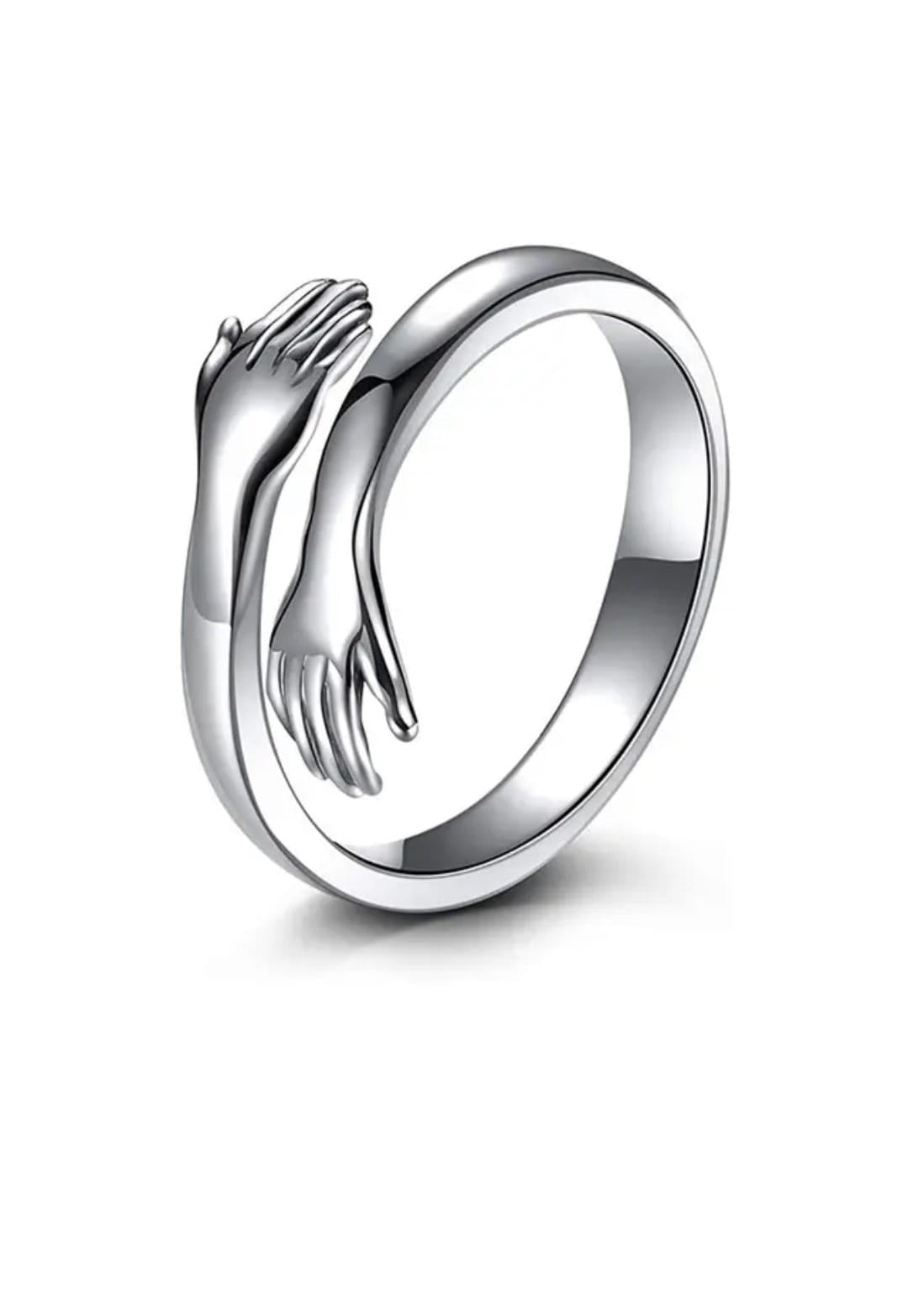 Minimalist Hug Ring for Women – Adjustable Stainless Steel Open Hand Wrap Ring (Silver)