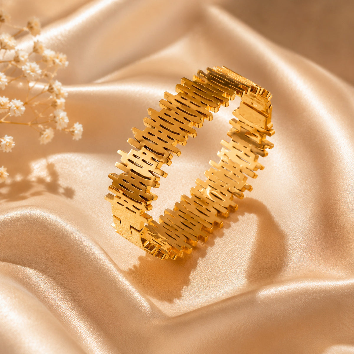 Geometric Architectural Gold Plated Bangle Bracelet – Textured Statement Cuff Bracelet