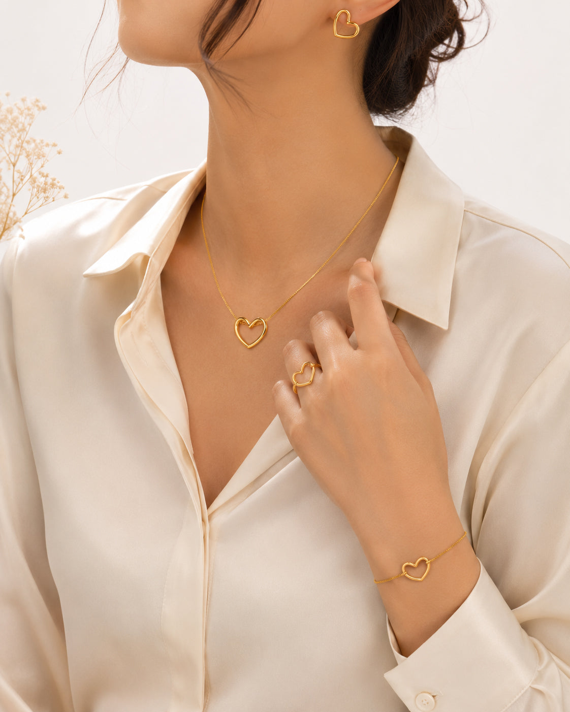 Elegance Open Heart Jewelry Set – Gold-Plated Matching Necklace, Earrings, Ring & Bracelet