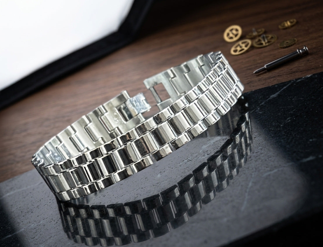 Men's Stainless Steel Link Bracelet | Silver Tone Metal Chain Bracelet with Folding Clasp