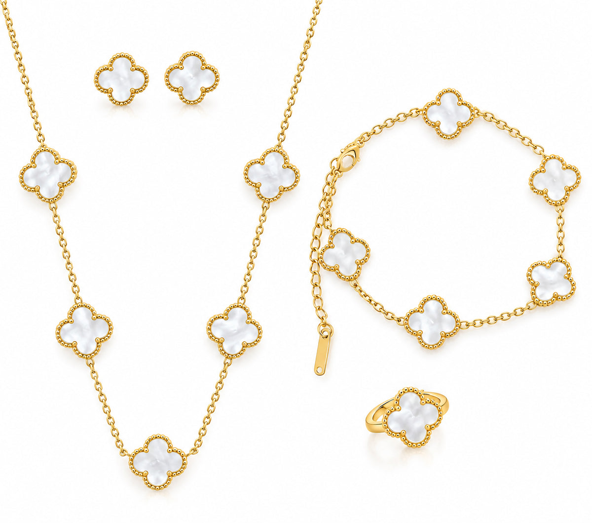 Ethereal White Clover 4-Piece Jewelry Set – Gold-Plated Necklace, Bracelet, Ring & Earrings